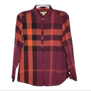 Burberry Brit large Grande red & burgundy plaid button up 100% cotton